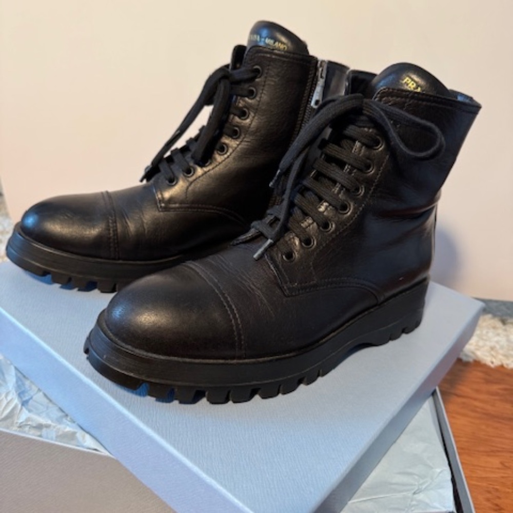 PRADA Black Leather Lug Sole Combat Boots Size 39 1/2 EU / 9,5 US - Picture 2 of 16